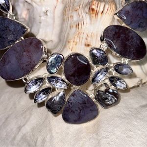 Magestic Red Moss Agate + Amethyst + Biwa Pearl statement cluster necklace